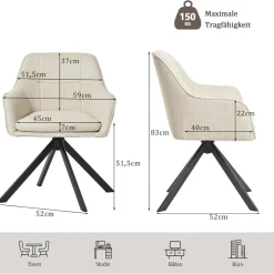 Goeurvant Drehstuhl Esszimmer Beige mit Armlehne, 6er Set drehbarer