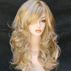 Goldene Blonde Lange Gewellte Cosplay Perücke für Damen - Volles Haar mit Pony