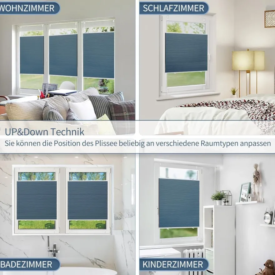 Grandekor Verdunklungsplissee Wabenplissee ohne Bohren Klemmfix Weiß-Blau