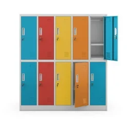 Grau-bunter Arbeitsschutz-Schulspind: 10-Fächer-Modell, 1360 x 1500 x 450 mm