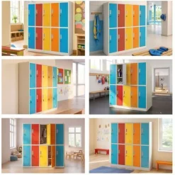 Grau-bunter Arbeitsschutz-Schulspind: 10-Fächer-Modell, 1360 x 1500 x 450 mm