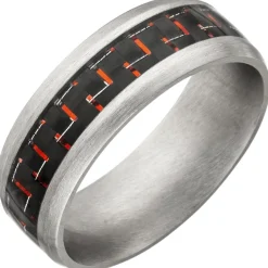 Gr. 64 - Herren Ring Edelstahl matt Carbon-Einlagen roten Effekten Herrenring