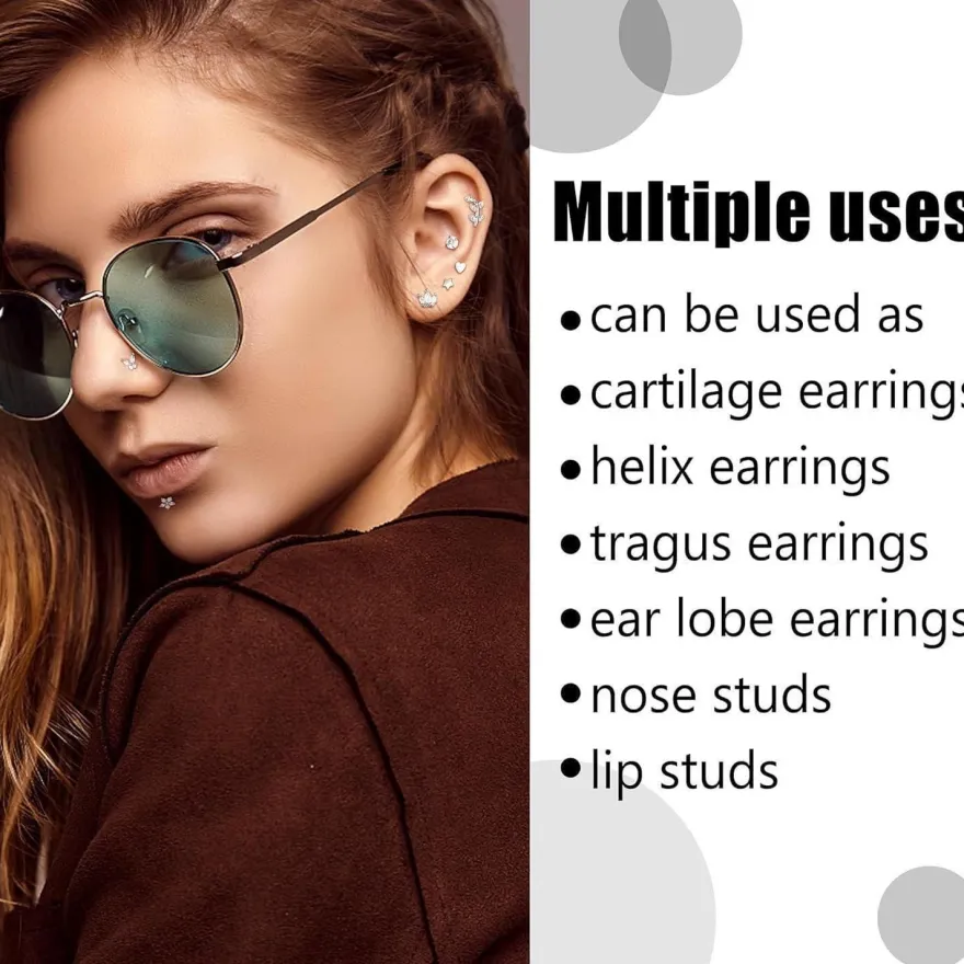 16G Tragus Helix Ohrringe Set Chirurgenstahl CZ Herz Stern Mond Blatt 12er