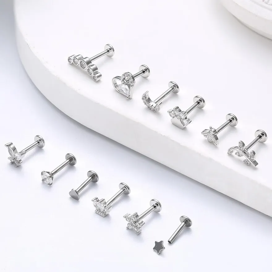 16G Tragus Helix Ohrringe Set Chirurgenstahl CZ Herz Stern Mond Blatt 12er
