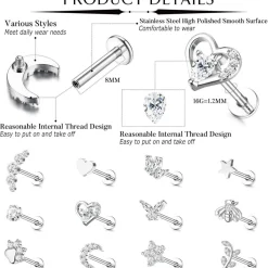 16G Tragus Helix Ohrringe Set Chirurgenstahl CZ Herz Stern Mond Blatt 12er