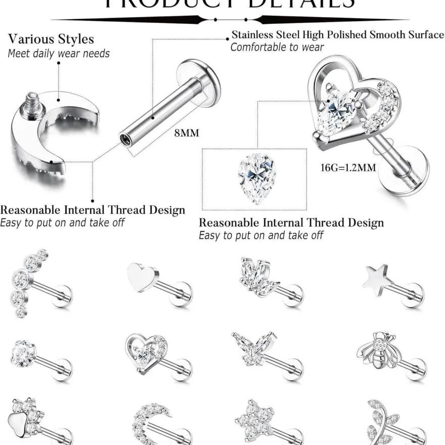 16G Tragus Helix Ohrringe Set Chirurgenstahl CZ Herz Stern Mond Blatt 12er