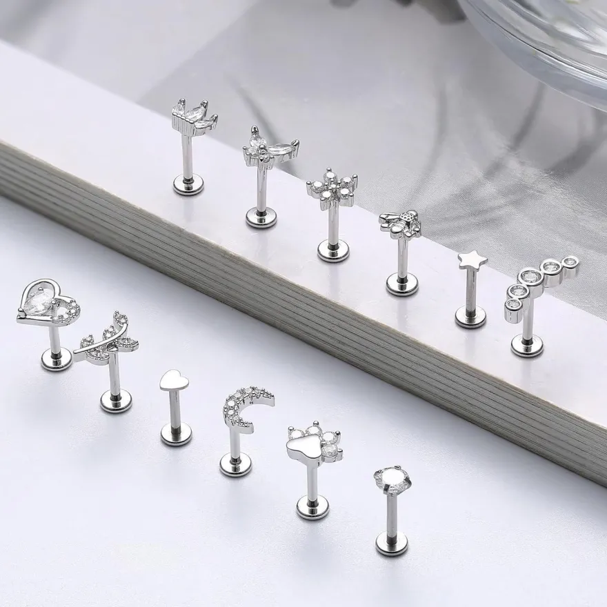 16G Tragus Helix Ohrringe Set Chirurgenstahl CZ Herz Stern Mond Blatt 12er