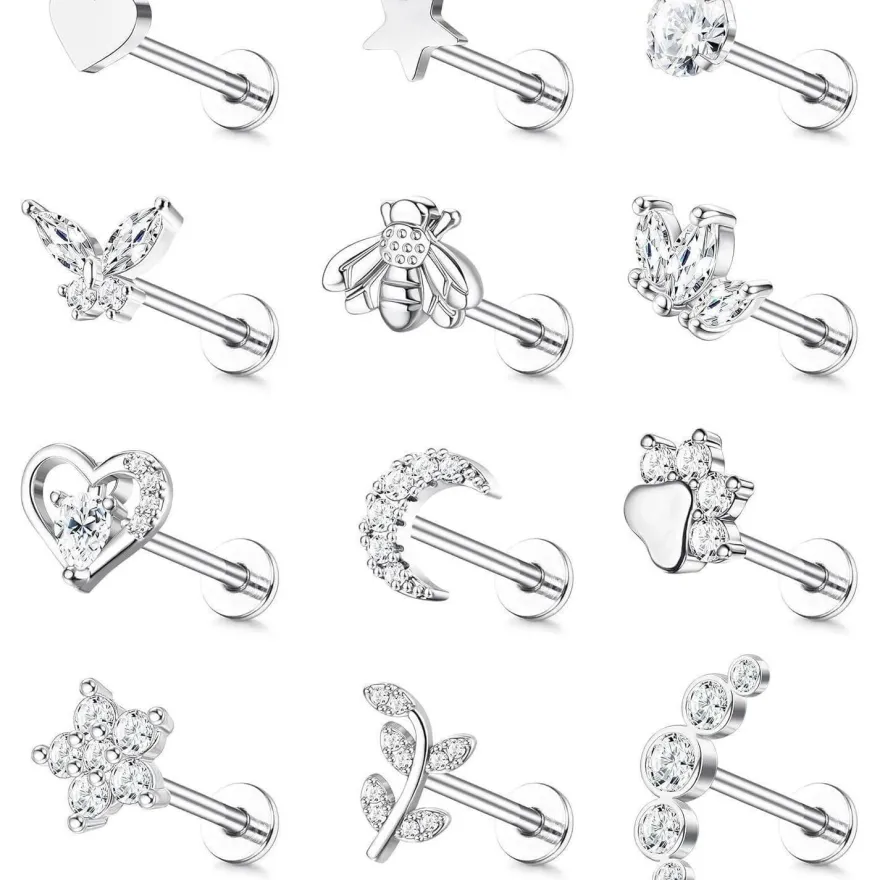 16G Tragus Helix Ohrringe Set Chirurgenstahl CZ Herz Stern Mond Blatt 12er