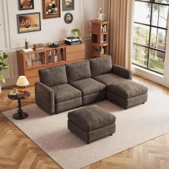 Guyii Modulares Ecksofa aus weichem Veloursstoff in Braun, Eckcouch mit Hocker
