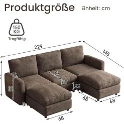 Guyii Modulares Ecksofa aus weichem Veloursstoff in Braun, Eckcouch mit Hocker