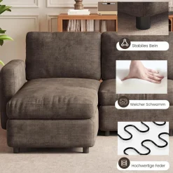 Guyii Modulares Ecksofa aus weichem Veloursstoff in Braun, Eckcouch mit Hocker