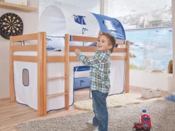 Halbhohes Einzelbett Alex Buche massiv 90x200 cm Natur lackiert mit Stoff-Set