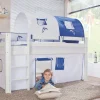 Halbhohes Einzelbett Alex Buche massiv 90x200 cm Weiß lackiert mit Stoff-Set