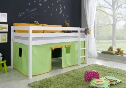 Halbhohes Einzelbett Alex Buche massiv 90x200 cm Weiß lackiert mit Stoff-Set