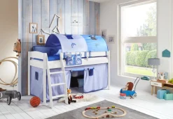 Halbhohes Einzelbett Mischelle Buche massiv Weiß lackiert 90x200 mit Textilset
