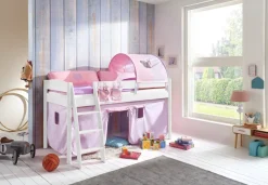 Halbhohes Einzelbett Mischelle Buche massiv Weiß lackiert 90x200 mit Textilset