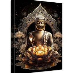 Halflemart Bronze Buddha Statue Leinwand Bild mit Rahmen, Lotusblumen Zen Spa