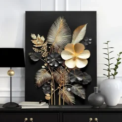 Halflemart 3D Schwarzgold Blumen Leinwandbild mit Rahmen, Tropische