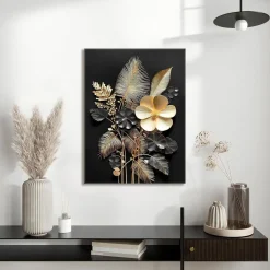 Halflemart 3D Schwarzgold Blumen Leinwandbild mit Rahmen, Tropische