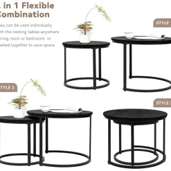 Hawthyhome 2er Beistelltisch Set rund, Couchtisch aus Holz mit Metallrahmen
