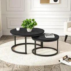 Hawthyhome 2er Beistelltisch Set rund, Couchtisch aus Holz mit Metallrahmen