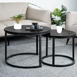 Hawthyhome 2er Beistelltisch Set rund, Couchtisch aus Holz mit Metallrahmen
