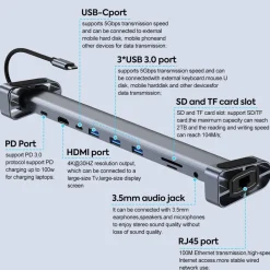 H36C USB C Hub Docking Station 10in1 HDMI RJ45 USB 3.0 Audio SD/TF für PC Laptop