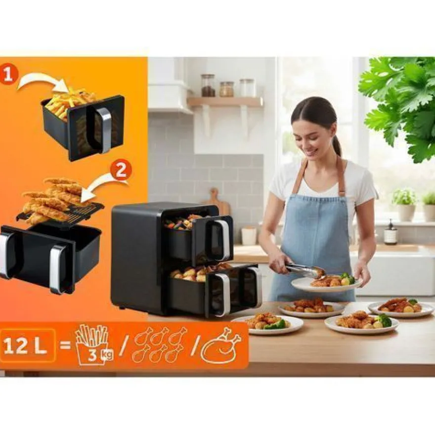 Heißluftfritteuse, Doppelkammer, vertikal, 12 l, Berdsen 2800W BD-664