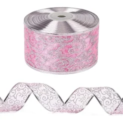 Hellrosa Swirl Sheer Glitter Kabelgebundenes Weihnachtsferienband 63mm x 22m