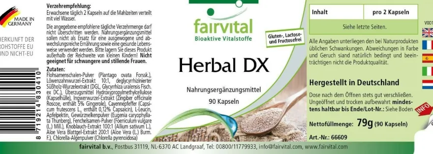 Herbal DX 90 Kapseln - Flohsamen-Schalen Kräuter Pflanzen-Extrakte MHD 9/26 fairvital