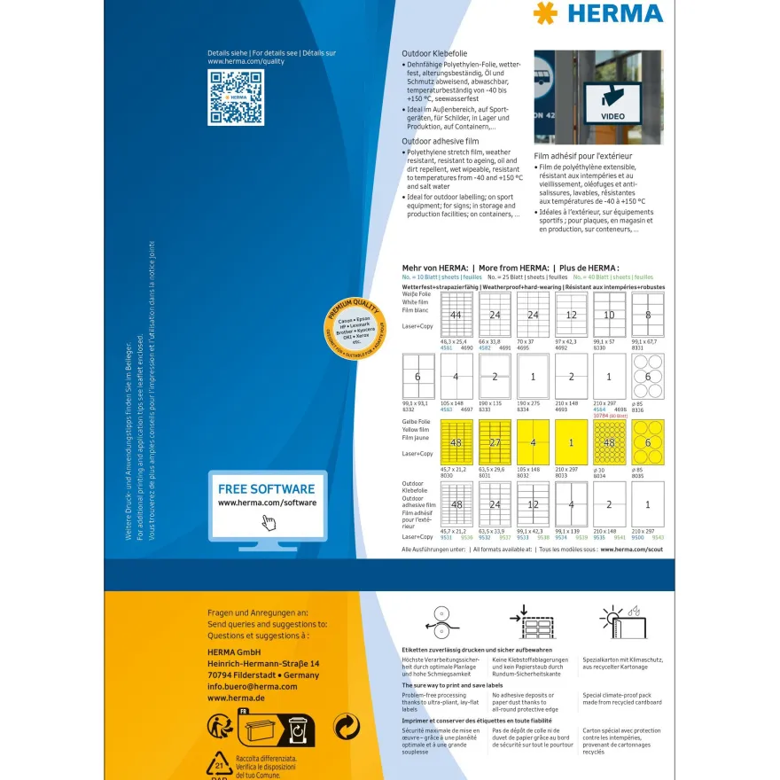 HERMA 9539 Wetterfeste Folienetiketten, 40 Blatt, 99,1 x 139 mm, 4 pro A4 Bogen, 160