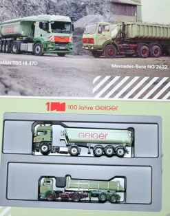 Herpa 316699 | Set 100 Jahre Geiger | MAN TGS TM Muldenkipper u. MB Baukipper