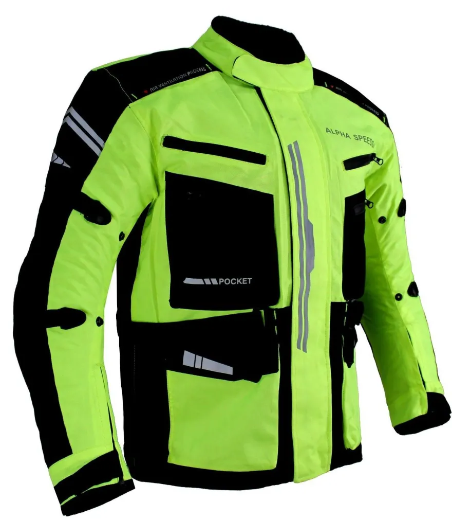 Herren Motorrad Textil Jacke Biker Polyester Scape Touring Jacke mit Protektoren Neon