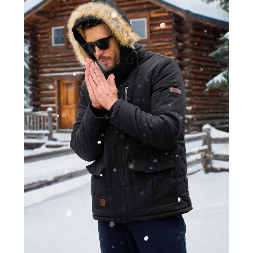 Herren Winter Parka Jacke Outdoor Fleecejacke Kapuze Schwarz