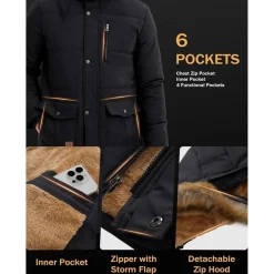 Herren Winter Parka Jacke Outdoor Fleecejacke Kapuze Schwarz