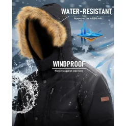 Herren Winter Parka Jacke Outdoor Fleecejacke Kapuze Schwarz