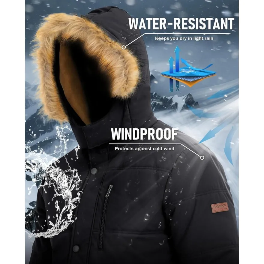 Herren Winter Parka Jacke Outdoor Fleecejacke Kapuze Schwarz
