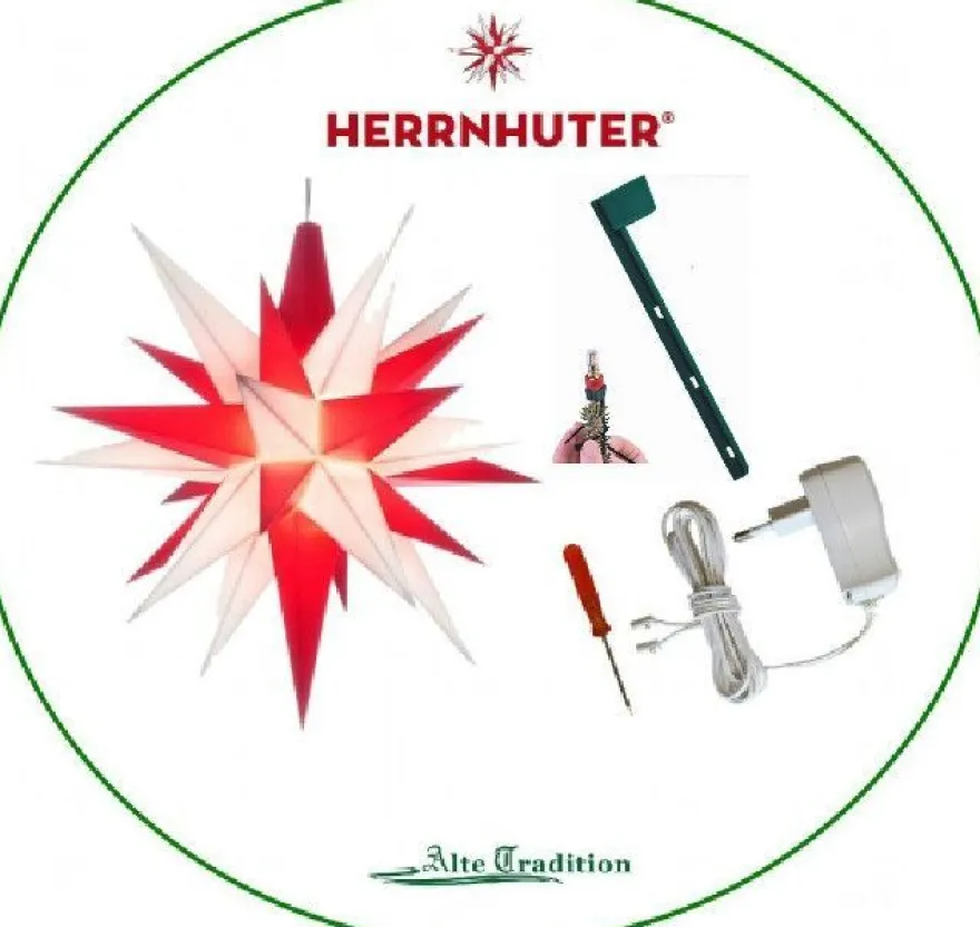 Herrnhuter Stern weiß - rot 13 cm als Christ - Baumspitze inkl Zubehör NT & Halterung
