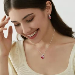 Herz Kette Damen 925 Silber Geburtsstein Anhänger Rose Blume Rubin neu