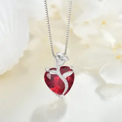 Herz Kette Damen 925 Silber Geburtsstein Anhänger Rose Blume Rubin neu