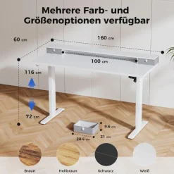 Höhenverstellbarer Schreibtisch mit 2 Schubladen, Elektrisch, 160 x 60
