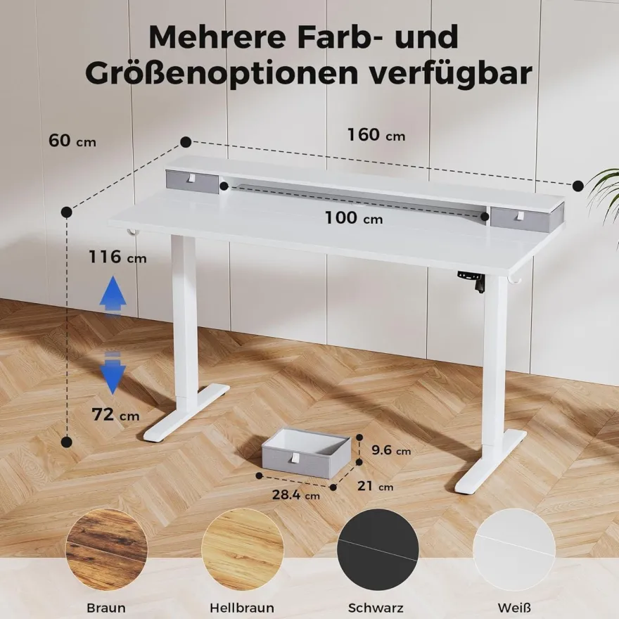 Höhenverstellbarer Schreibtisch mit 2 Schubladen, Elektrisch, 160 x 60