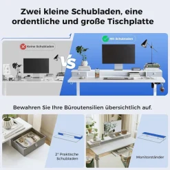 Höhenverstellbarer Schreibtisch mit 2 Schubladen, Elektrisch, 160 x 60