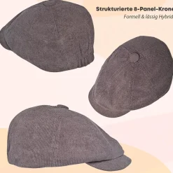 HIQIU Herren Kord Schiebermütze - 8-Panel Newsboy Cap, einfarbig, für