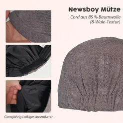 HIQIU Herren Kord Schiebermütze - 8-Panel Newsboy Cap, einfarbig, für