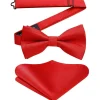 Hisdern Herren Fliege mit Einstecktuch Set, vorgebundene Fliege rot