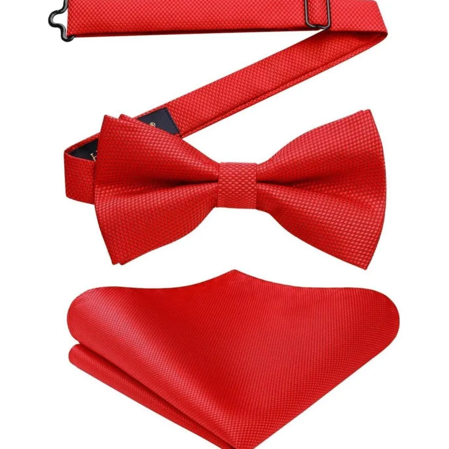 Hisdern Herren Fliege mit Einstecktuch Set, vorgebundene Fliege rot