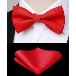 Hisdern Herren Fliege mit Einstecktuch Set, vorgebundene Fliege rot