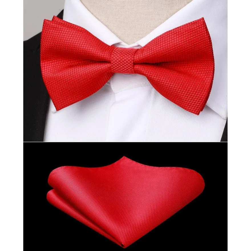 Hisdern Herren Fliege mit Einstecktuch Set, vorgebundene Fliege rot