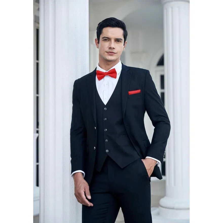 Hisdern Herren Fliege mit Einstecktuch Set, vorgebundene Fliege rot